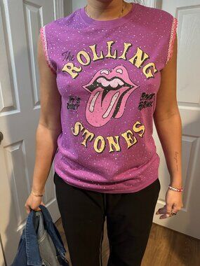 Purple Rolling Stones Upcycled Band Tee with Rhinestones and Crochet Pink Lace